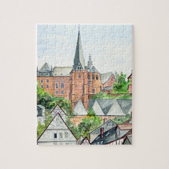 Marburg Altstadt Tyskland Townscape Painting Pussel (Vertikal)