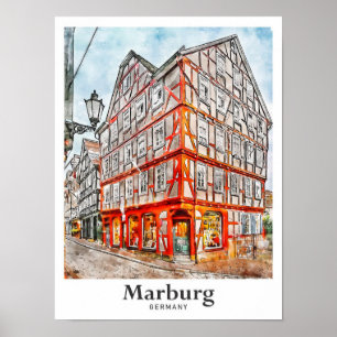 Marburg Tyskland Travel Watercolor Sketch Poster