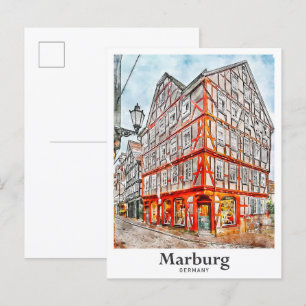 Marburg Tyskland Travel Watercolor Sketch Vykort