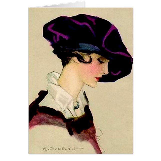 Marcello Dudovich Illustration ”Flicka i lila hatt Hälsningskort (Framsidan)