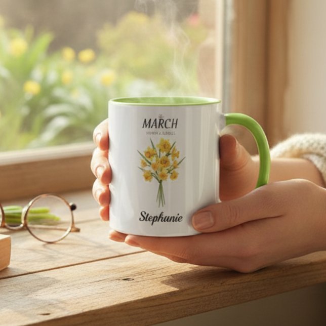 March Floral Spring Nature Lover Birthday Mugg (Cozy Botanical Daffodil – Personalized March Birthday mug)