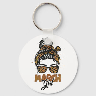 March Girl Messy Hair Sunglasses Leopard Dam Nyckelring