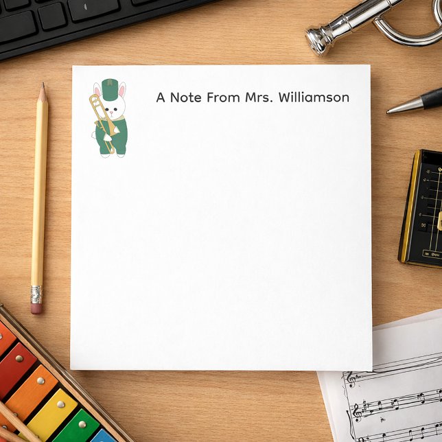 Marching Band Bunny Trombone Green Personalize Anteckningsblock (A notepad with customizable text and a cute rabbit with a trombone.)
