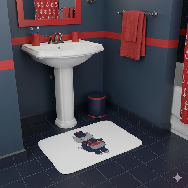 Marching Band Cat Drummer Navy Blue Red Badrumsmatta (A bath mat featuring a cat playing the drums in a navy blue & red marching band uniform.)