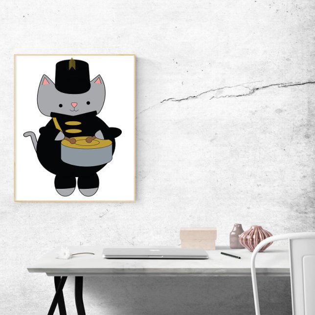 Marching Band Cat Snare Drum Black och Guld Poster (A poster of a cat in a black and gold marching band uniform playing the snare drum.)