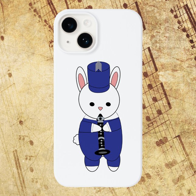 Marching Band Clarinet Bunny Rabbit Blue White (A rabbit plays the clarinet while wearing a blue and white marching band uniform on a phone case.)