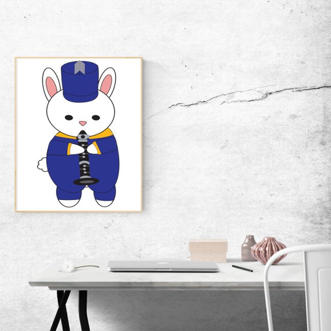 Marching Band Clarinet Rabbit Blue Gult Guld Poster (A poster of a rabbit playing the clarinet in a blue and yellow marching band uniform.)