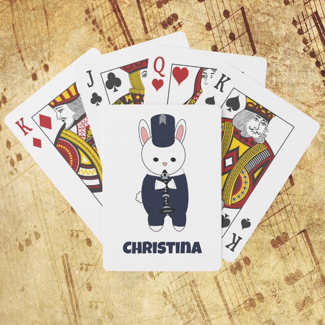 Marching Band Clarinet Rabbit Blue Personalize Casinokort (Playing cards with a rabbit playing clarinet in a navy blue and white marching band uniform.)