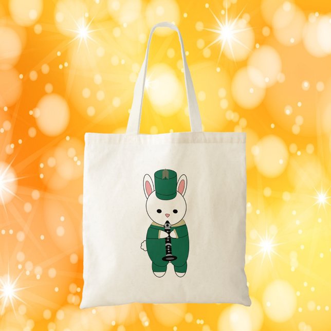 Marching Band Clarinet Rabbit Grönt Guld Tygkasse (A tote bag of a bunny playing the clarinet while wearing a green and white marching band uniform.)