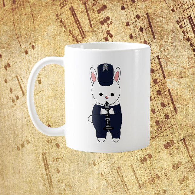 Marching Band Clarinet Rabbit Navy Blue White Kaffemugg (A mug featuring a rabbit playing the clarinet in a navy blue and white marching band uniform.)