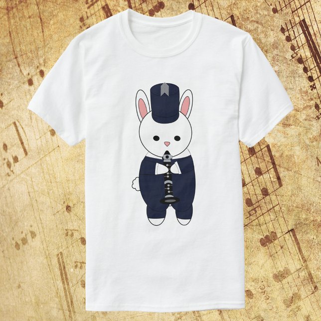 Marching Band Clarinet Rabbit Navy Blue White T Shirt (A tshirt featuring a white rabbit playing the clarinet in a navy blue & white marching band uniform.)