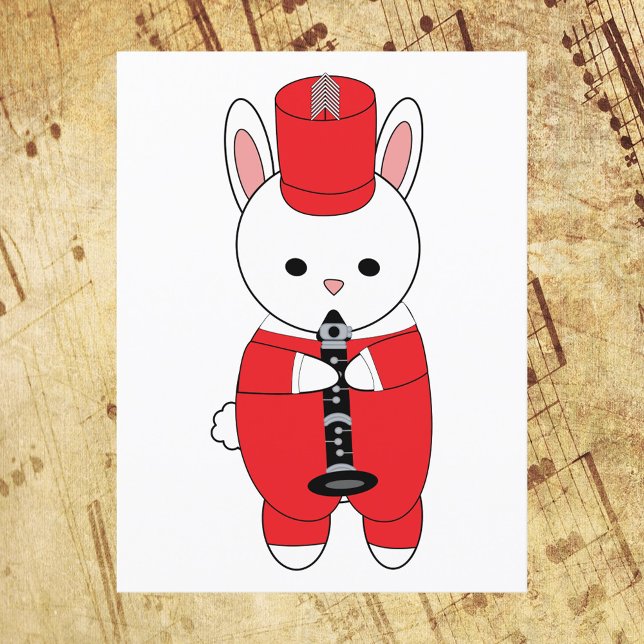 Marching Band Clarinet Rabbit Red White Vykort (A postcard featuring a bunny rabbit wearing a red and white marching band uniform playing a clarinet)