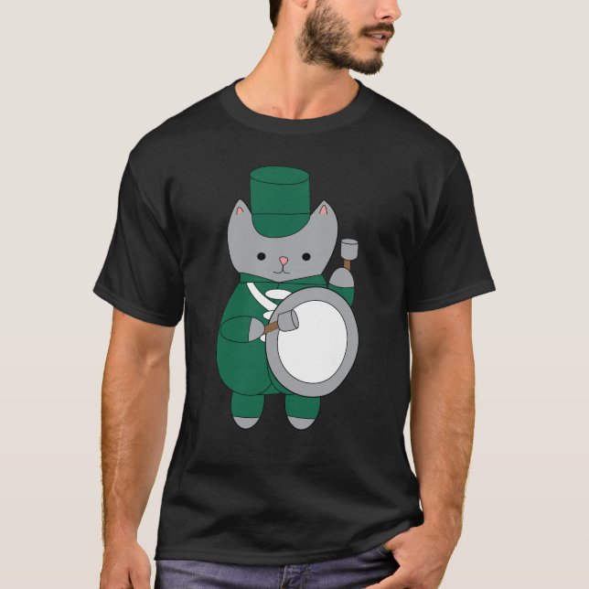 Marching Band Drummer Cat Animal Grönt White T Shirt (Framsida)