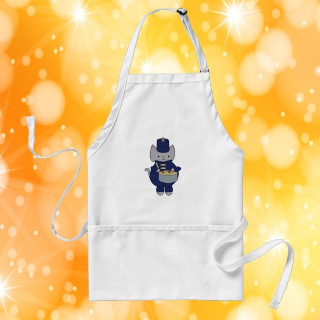 Marching Band Drummer Cat Navy Blue Gold Förkläde (An apron with a snare drum playing cat in a navy blue and gold marching band uniform.)