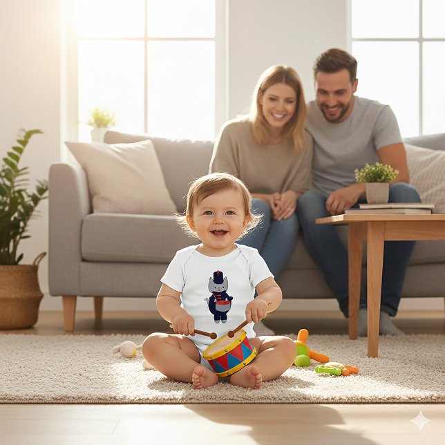 Marching Band Drummer Cat Navy Blue Red T Shirt (A baby body suit with a cat playing the drums in a navy blue and red marching band uniform.)