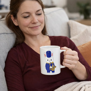 Marching Band Kanin Spelar Saxofon Söt Blå Kaffemugg