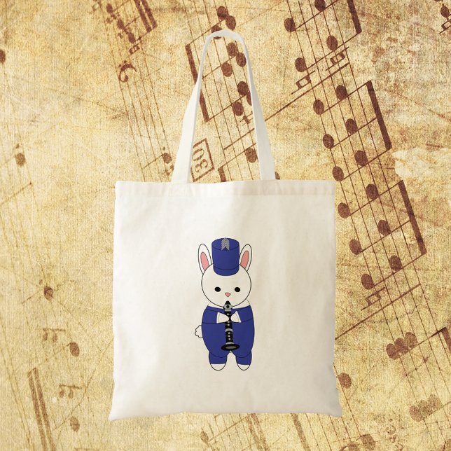 Marching Band Rabbit Clarinet Blue White Tygkasse (A tote bag with a bunny rabbit playing the clarinet in a blue and white marching band uniform.)