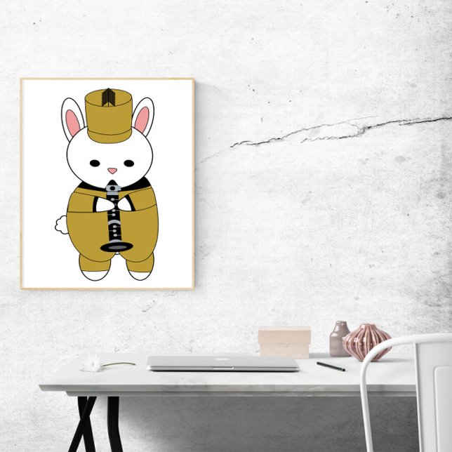Marching Band Rabbit Clarinet Guld Gult Black Poster (A poster of a rabbit playing the clarinet while wearing a gold yellow & black marching band uniform.)