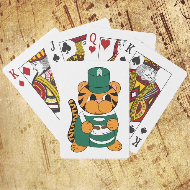 Marching Band Tiger Drummer Grönt and White Casinokort (Playing cards featuring a tiger in a green & white marching band uniform while playing drums.)