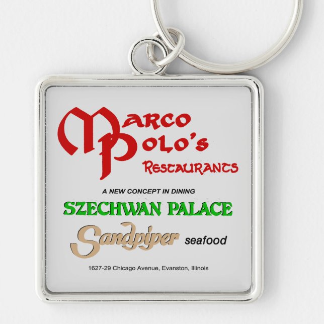 Marco Polo's restauranger, Evanston, IL Fyrkantig Silverfärgad Nyckelring (Framsidan)