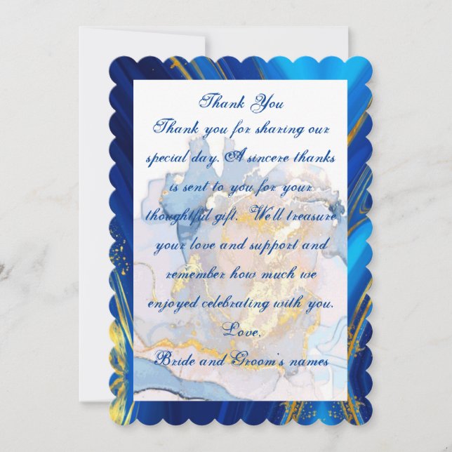 Marded Blue and Guld Bröllop tack You Card Inbjudningar (Framsida)