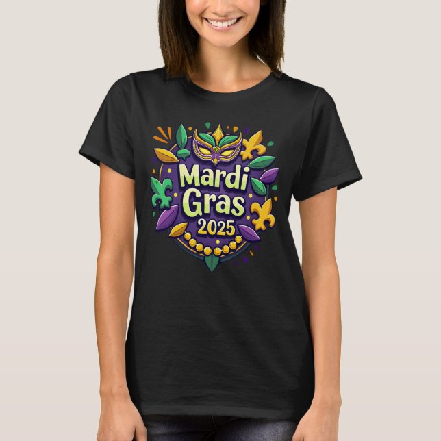 Mardi Gras 2025: Pärlor, Mask & Memories T Shirt (Framsida)