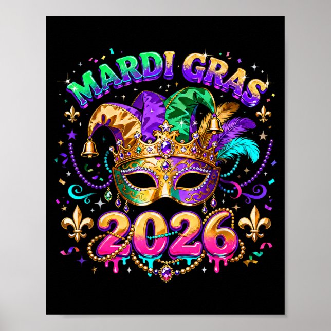 Mardi Gras 2026 Squad Karnevalsmask Pärlor Design  Poster (Framsidan)