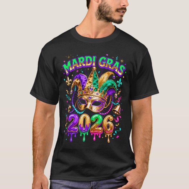 Mardi Gras 2026 Squad Karnevalsmask Pärlor Design  T Shirt (Framsida)