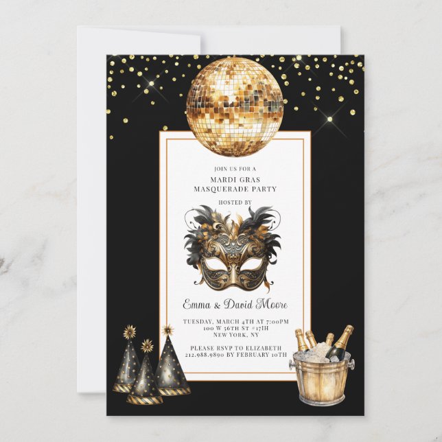 Mardi Gras 2026 Svart Guld Glitter Inbjudningar (Framsida)