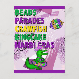 Mardi Gras Alligator Lila Grönt Guld Vykort