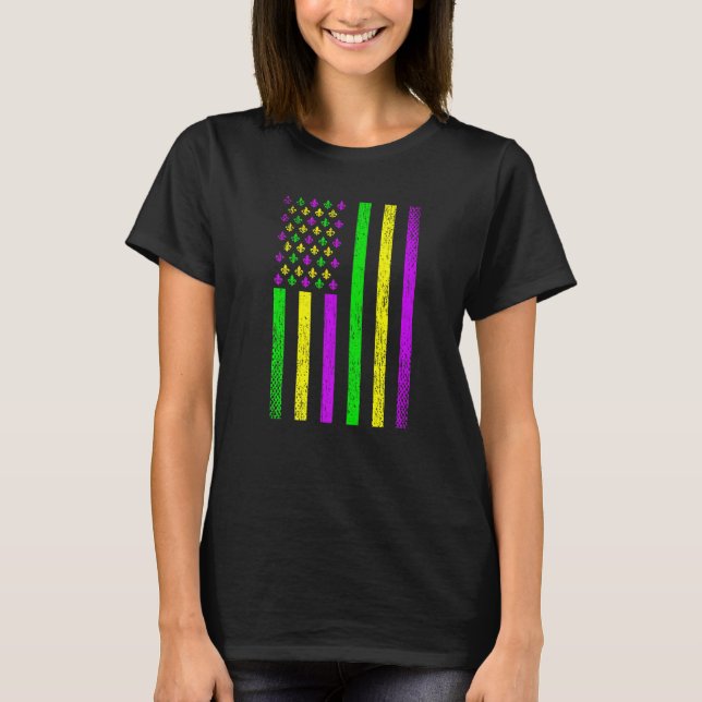 Mardi Gras American Flag USA Distressed Fleur De L T Shirt (Framsida)