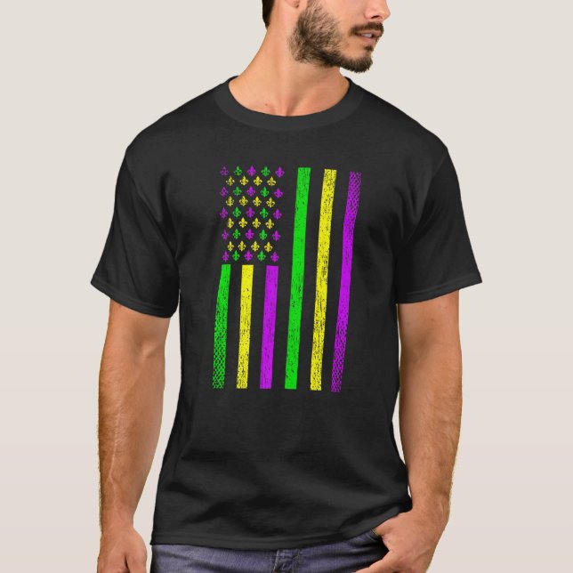 Mardi Gras American Flag USA Distressed Fleur De L T Shirt (Framsida)