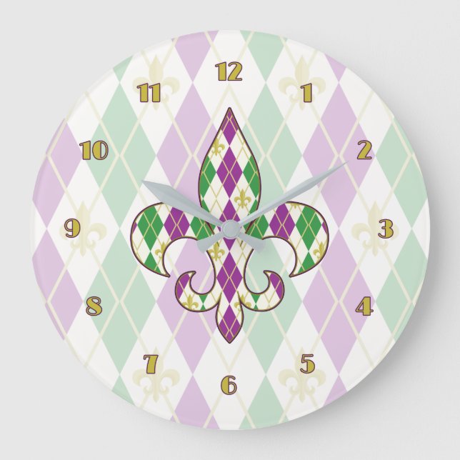 Mardi Gras Argyle Clock Stor Klocka (Framsida)