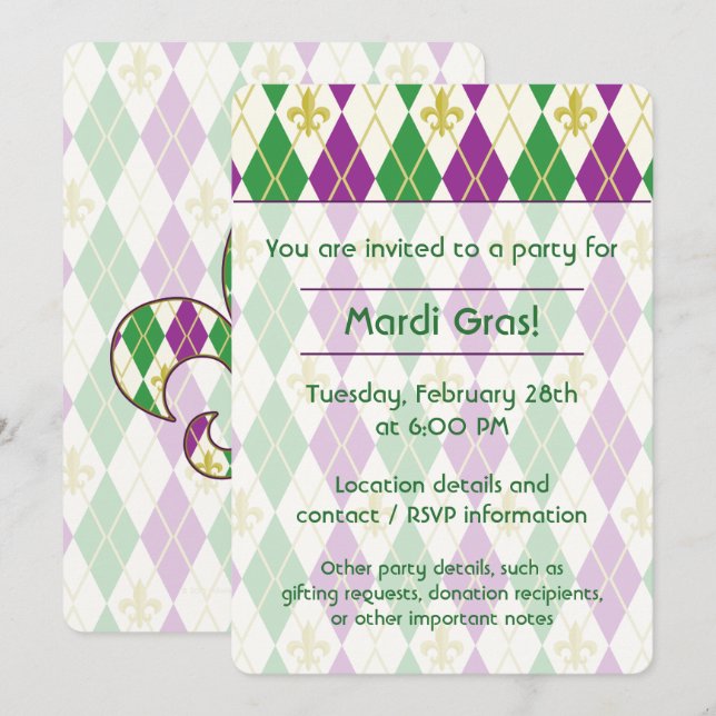 Mardi Gras Argyle Party-inbjudan Inbjudningar (Fram/baksida)
