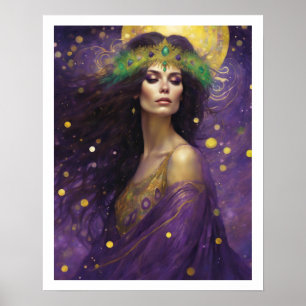 Mardi Gras Art Nuevo Woman i Lila Dress Krona Poster