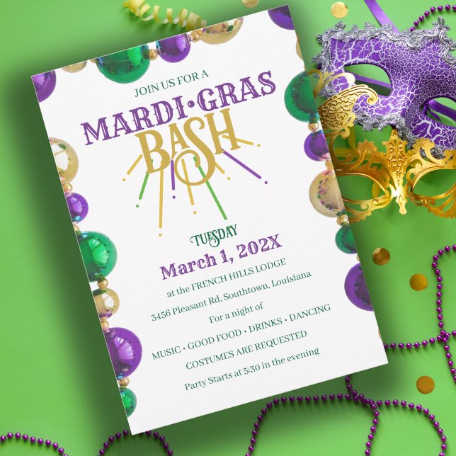 Mardi Gras Bash New Orleans Pärlor Party Inbjudningar (Skapare uppladdad)