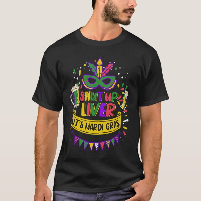 Mardi Gras Beer håller upp levermasken och Pärlor  T Shirt (Framsida)
