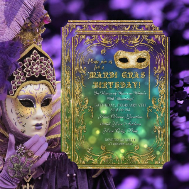 Mardi Gras Birthday Masquerad Mask Bokeh Guld Inbjudningar (Skapare uppladdad)