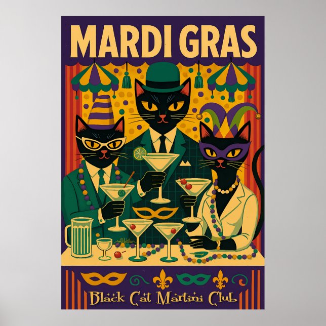 Mardi Gras Black Cat Martini Club Trio Poster (Framsidan)