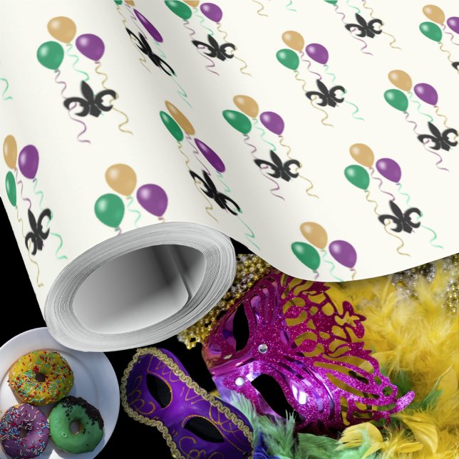 Mardi Gras Black FleurDeLis med ballonger om Elfen Presentpapper (Mardi Gras Black FleurDeLis with Balloons on Ivory Wrapping Paper by Leapfroglisics Shop)