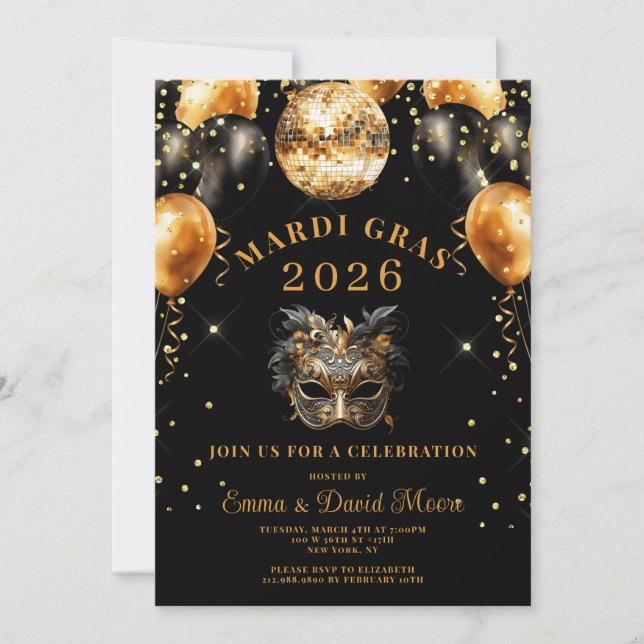 Mardi Gras Black Gold Glitter Masquerade Party Inbjudningar (Framsida)