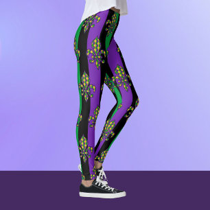 Mardi Gras Black Lila Grönt Fleur de lis Leggings