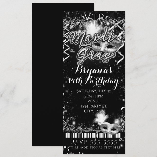 Mardi Gras Black & White VIP Födelsedagsfest Bilje Inbjudningar (Fram/baksida)