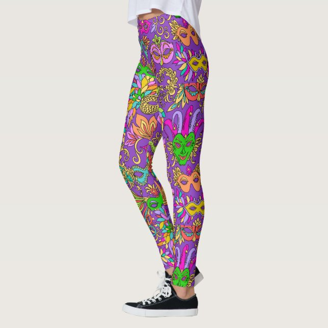 Mardi Gras Bright Lila Grönt Masqueramasker Leggings (Vänster)