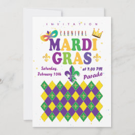 Mardi Gras Carnival Fleur de Lis Diamond Harlequin Inbjudningar