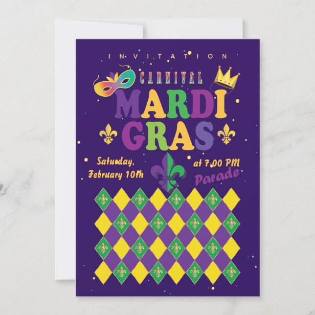 Mardi Gras Carnival Fleur de Lis Diamond Harlequin Inbjudningar (Framsida)