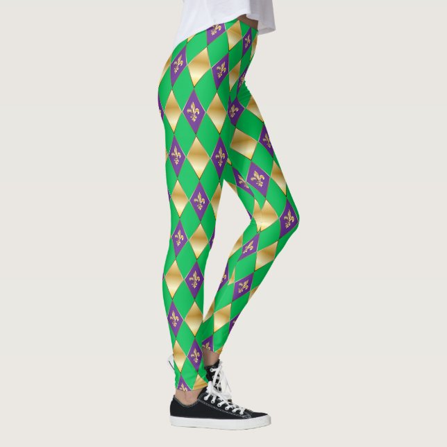 Mardi Gras Carnival Fleur de Lis Diamond Harlequin Leggings (Höger)