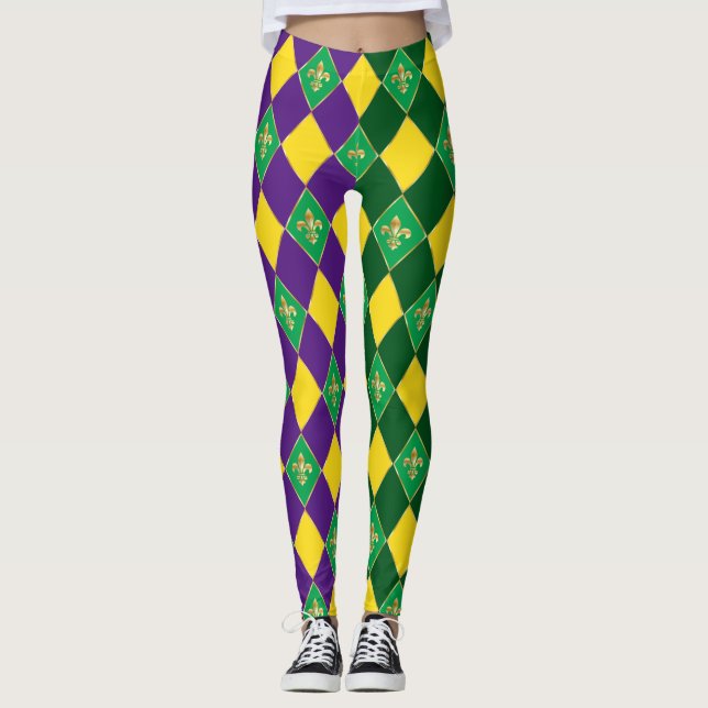 Mardi Gras Carnival Fleur de Lis Diamond Harlequin Leggings (Framsida)