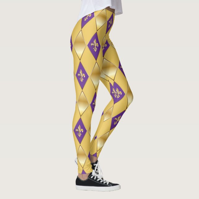 Mardi Gras Carnival Fleur de Lis Diamond Harlequin Leggings (Höger)