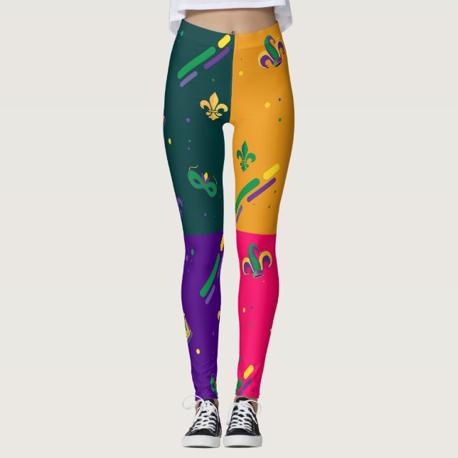 Mardi Gras Carnival Fleur de Lis Diamond Harlequin Leggings (Framsida)